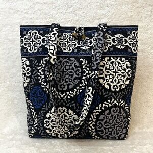 Vera Bradley Large‎ Quilted Tote Cobalt Blue Black Toggle Double Handle Clean